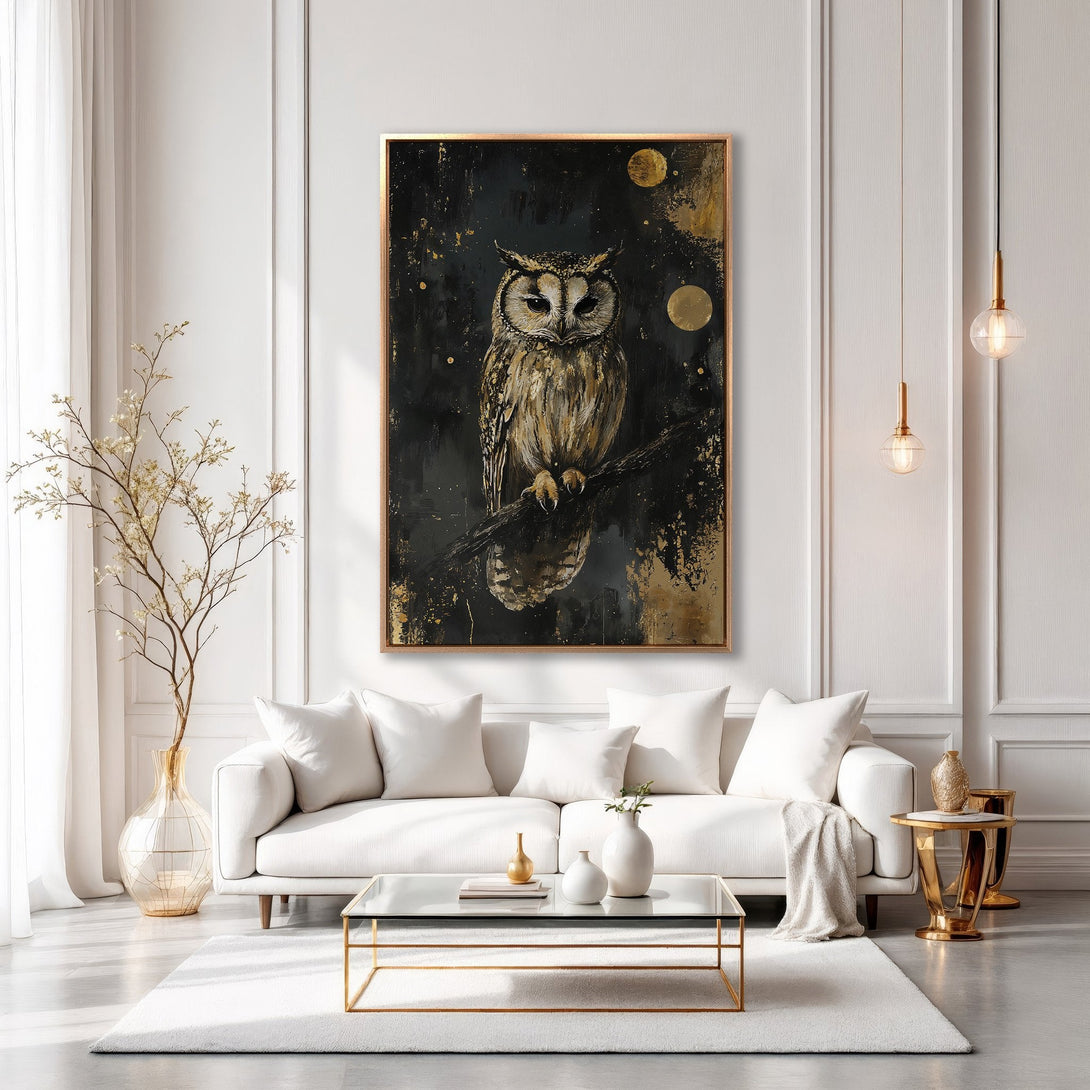 Framed Wall Art: Stunning owl painting in gold and black, adding elegance to a modern living room. Perfect for adding a touch of luxury to your decor.