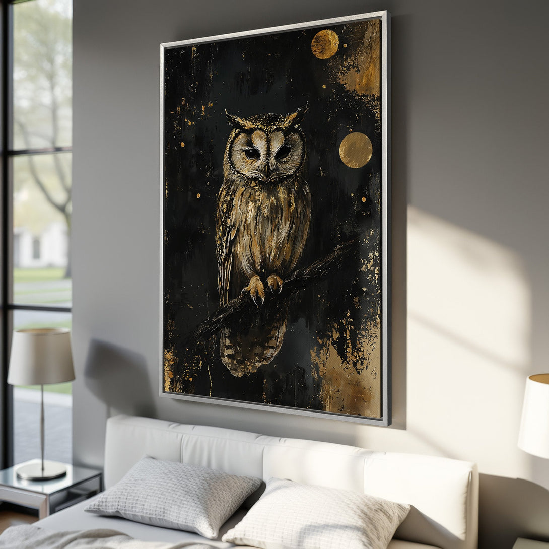 Framed Wall Art: Majestic owl painting in black and gold. Modern abstract style canvas print perfect for bedroom decor. Add a touch of elegance!