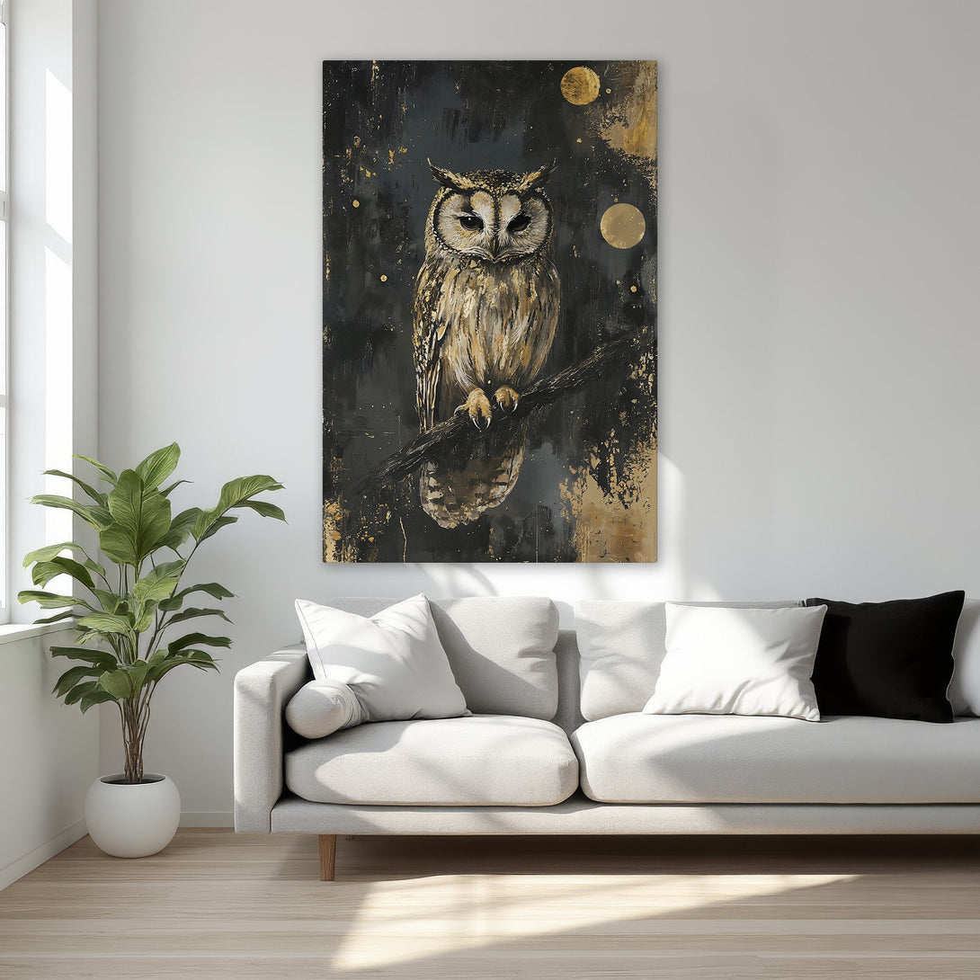 Framed Wall Art: Majestic owl art print in black, gold, and neutral tones. Elevate your space with this stunning, luxurious canvas print.
