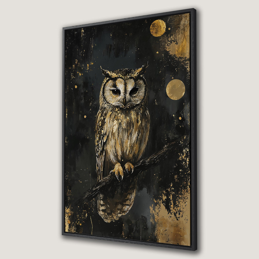 Framed Wall Art: Majestic owl canvas print. Dark, textured background with gold accents. Modern, artistic style. Perfect for adding a touch of elegance to any space.