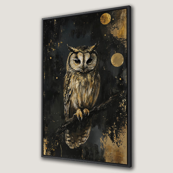 Framed Wall Art: Majestic owl canvas print. Dark, textured background with gold accents. Modern, artistic style. Perfect for adding a touch of elegance to any space.