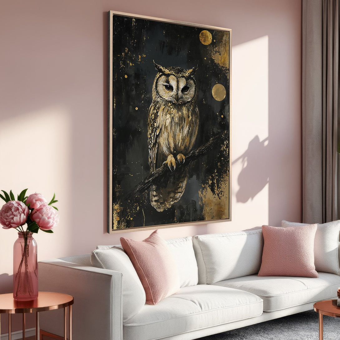 Framed Wall Art featuring an owl painting in a modern style with a black, gold, and neutral color palette, perfect for home decor.