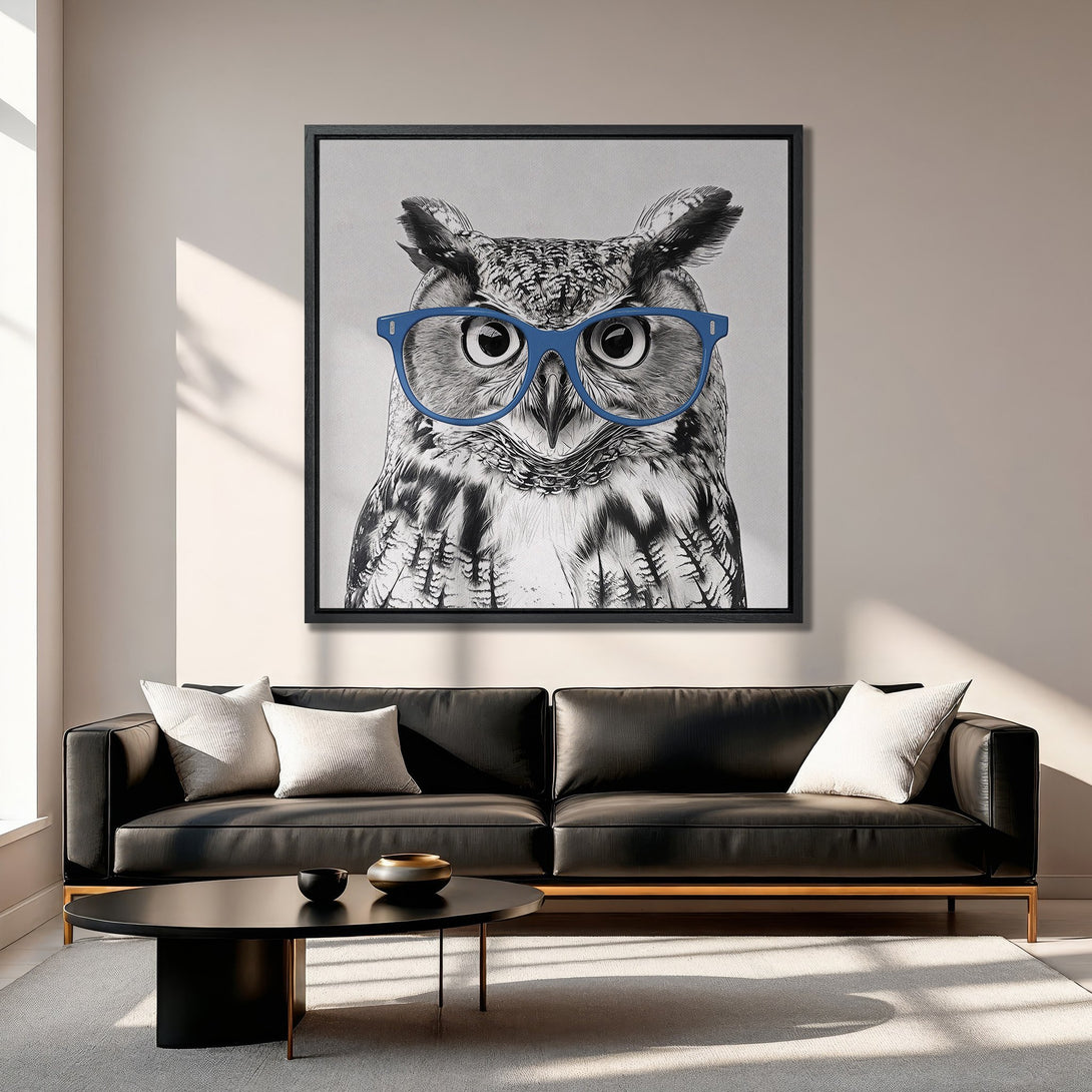 Framed Wall Art: Playful owl portrait in black & white with blue glasses. Modern art for living room decor. Neutral color palette.