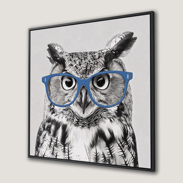 Framed Wall Art: Stylish owl portrait in black & white with blue glasses. Modern art for your home. Shop now!