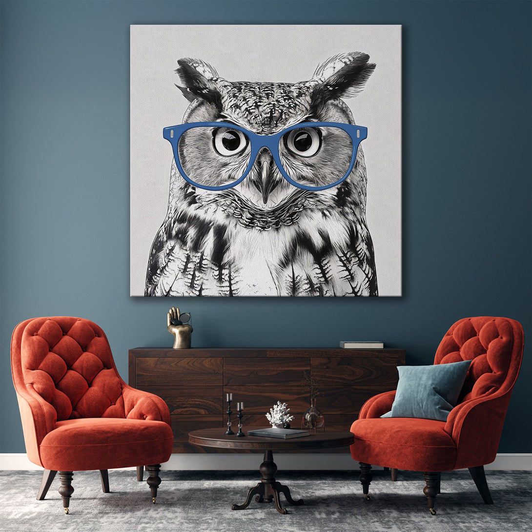 Framed Wall Art: Playful owl portrait with blue glasses in a modern interior. Black, white, and gold color palette, perfect for adding character to your space.