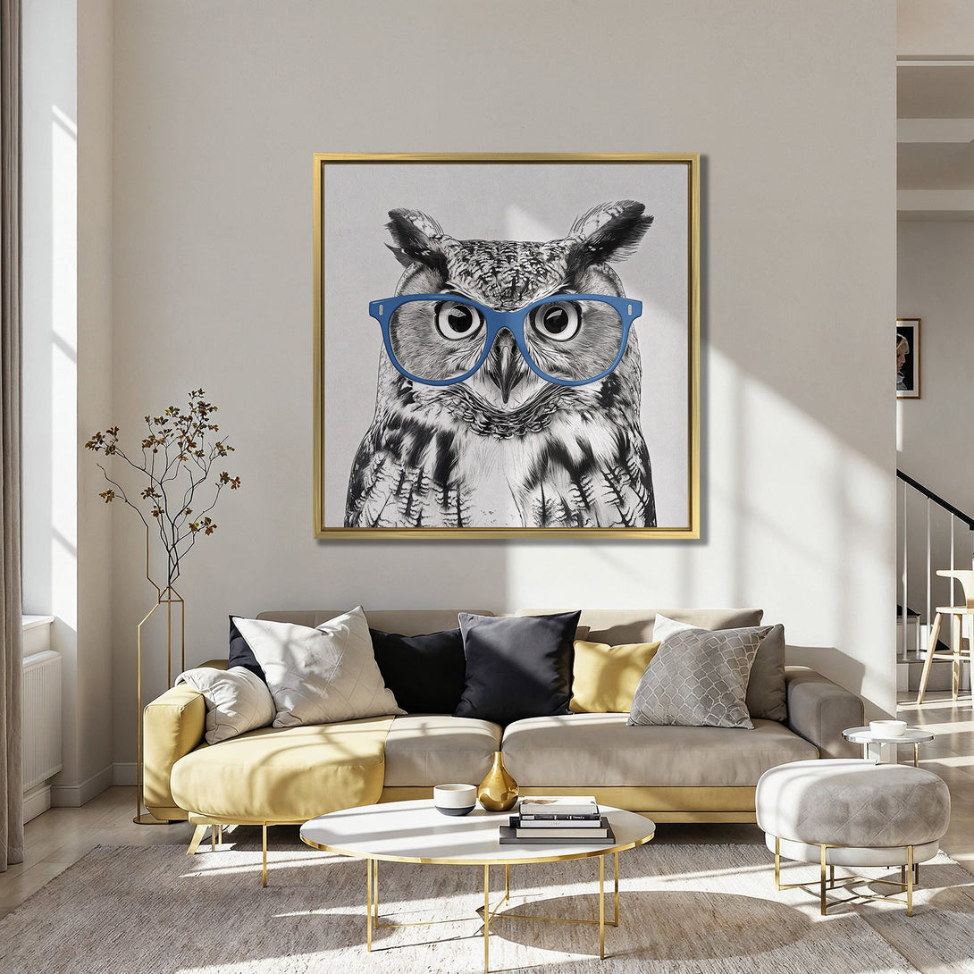 Canvas Print: Stylish owl art with blue glasses in a modern interior. Black, white, and blue color palette. Perfect framed wall art for home decor.