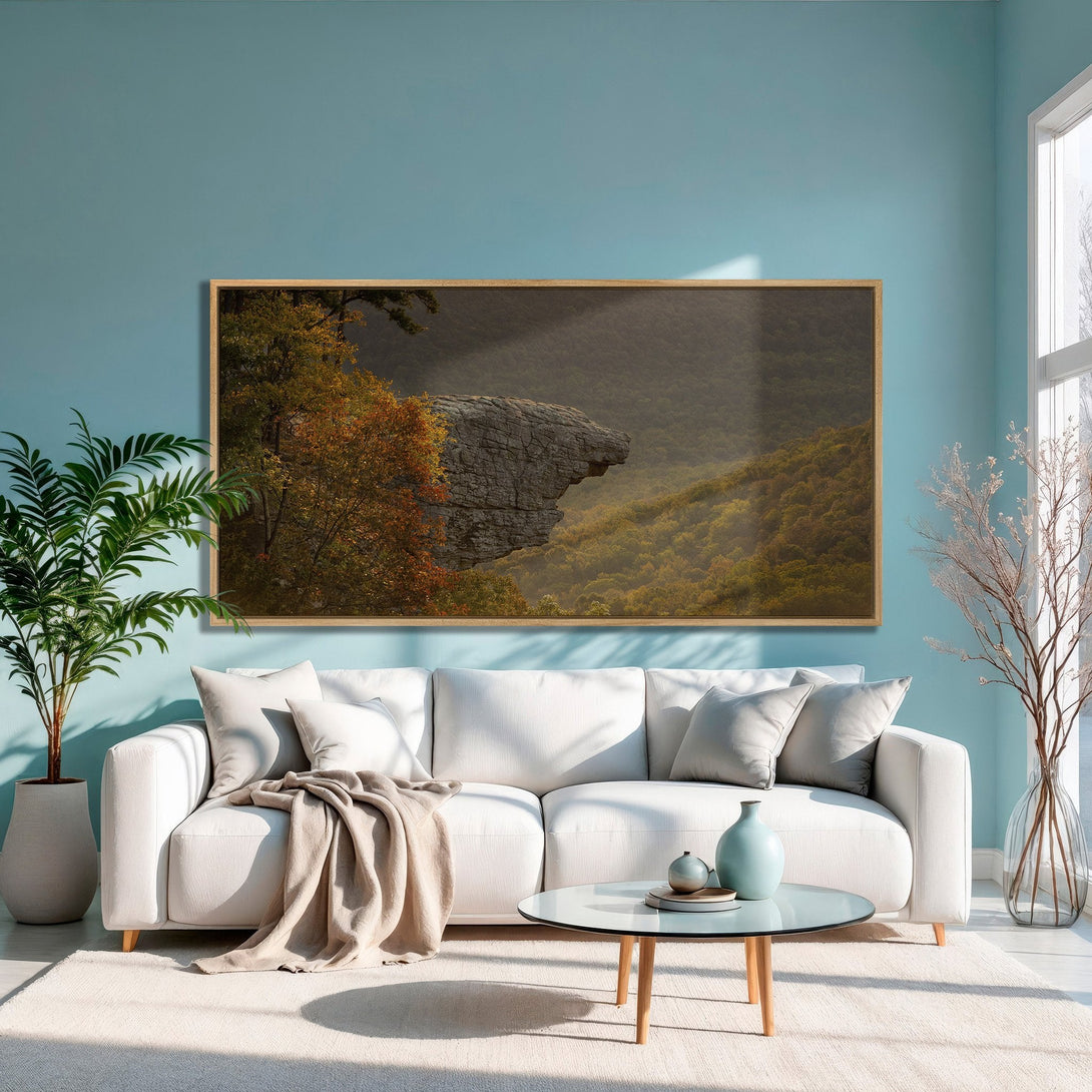 Framed Wall Art of a scenic mountain landscape in warm earth tones. Enhance your space with this stunning canvas print.
