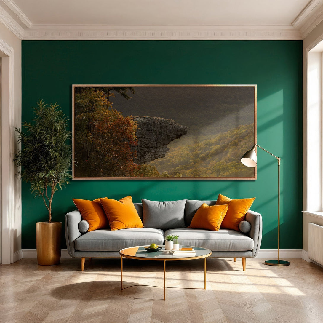 Framed Wall Art of a mountain landscape in a modern interior. Earthy tones of green, brown, and gold create a calming and stylish aesthetic.