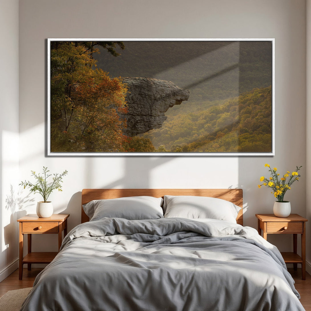 Framed Wall Art: Majestic landscape Canvas Print with autumn foliage in warm earth tones, perfect for bedroom decor.