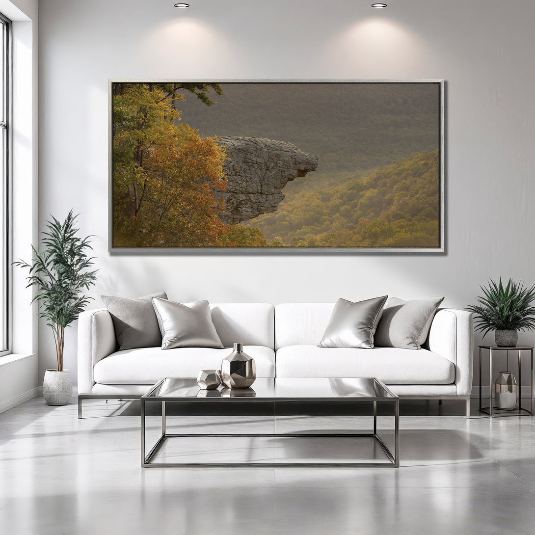Framed Wall Art featuring a landscape scene with autumn colors. Earthy tones of green, yellow, and brown create a warm and inviting aesthetic. Perfect for home decor.