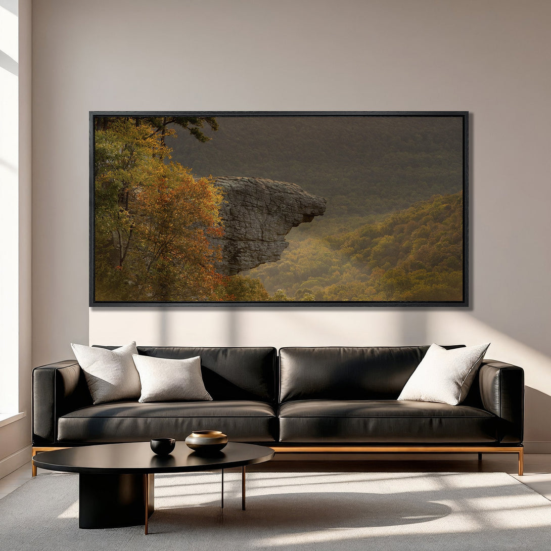 Framed Wall Art: Landscape Canvas Print of a dramatic rock formation in autumn colors. Earthy tones of green, orange, and brown. Enhance your living room!