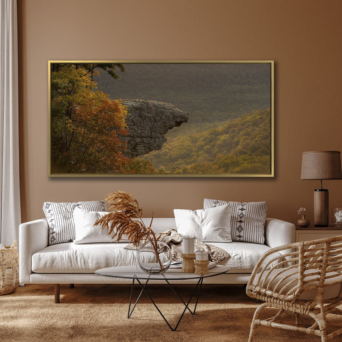 Canvas Print of a scenic landscape with a rocky outcrop, featuring warm autumnal colors. Perfect wall art for living rooms!