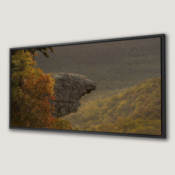 Framed Wall Art of a dramatic mountain landscape. Autumn colors of gold, orange, and green. Perfect for adding a touch of nature to your home.