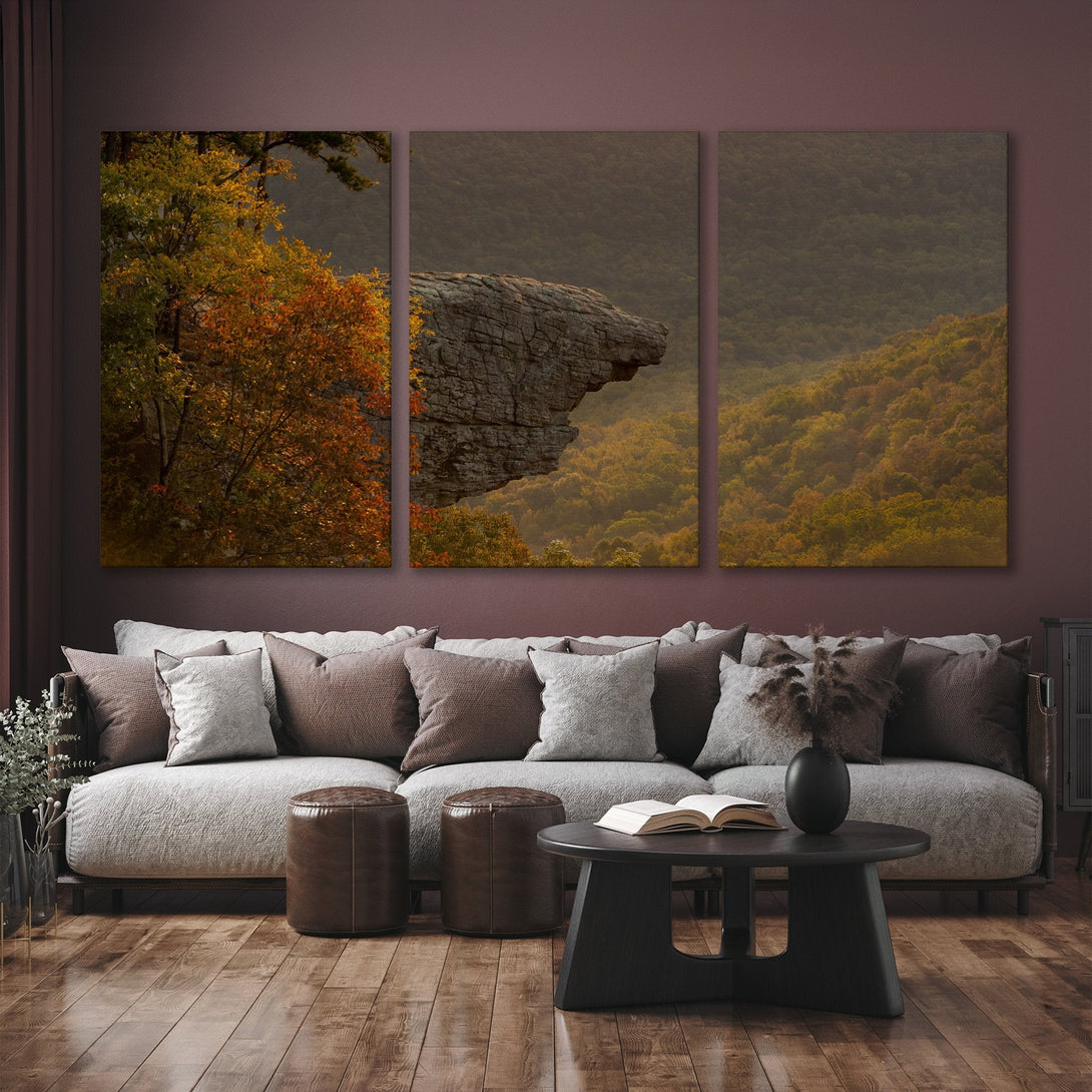 Canvas Print triptych of a mountain landscape in warm autumnal colors. Perfect wall art for a cozy living room!