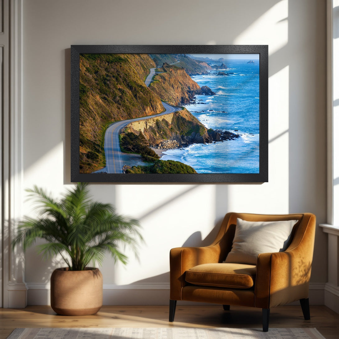 Framed Poster of scenic coastal highway with blue ocean and warm tones, perfect for home decor.