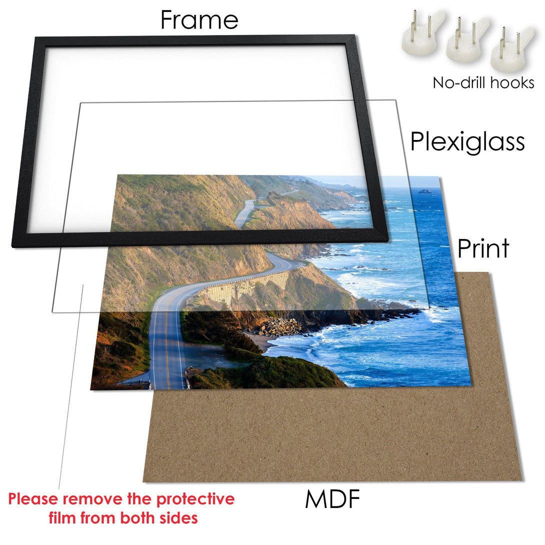 Framed Poster of scenic coastal road art print. Earthy tones with blue sea. Ready to hang wall decor.