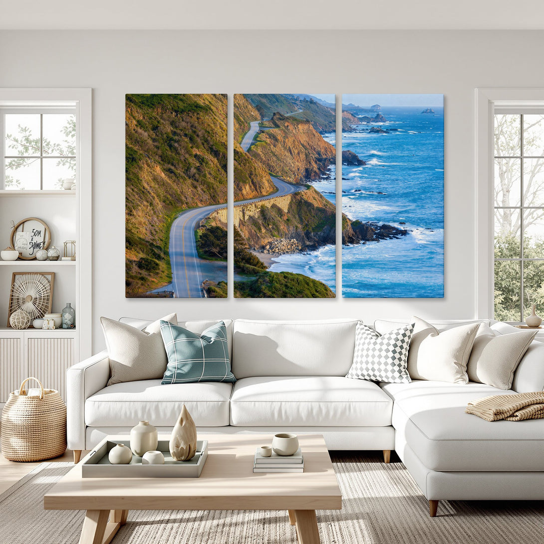 Canvas Print of coastal highway art in blue and gold hues, perfect for modern home decor.