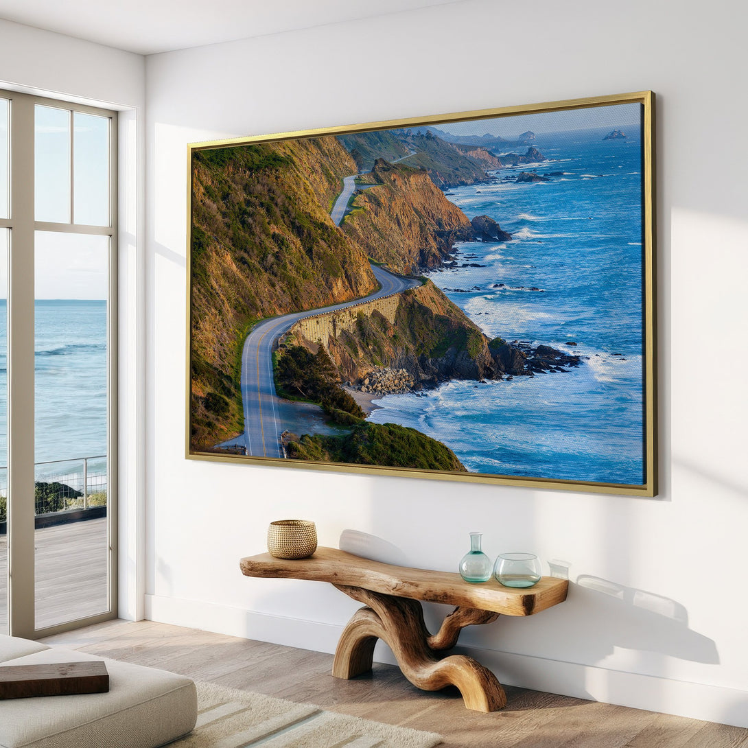 Canvas Print of a scenic coastal road with blues, greens, and earth tones. Modern wall art to bring the beauty of nature into your home.