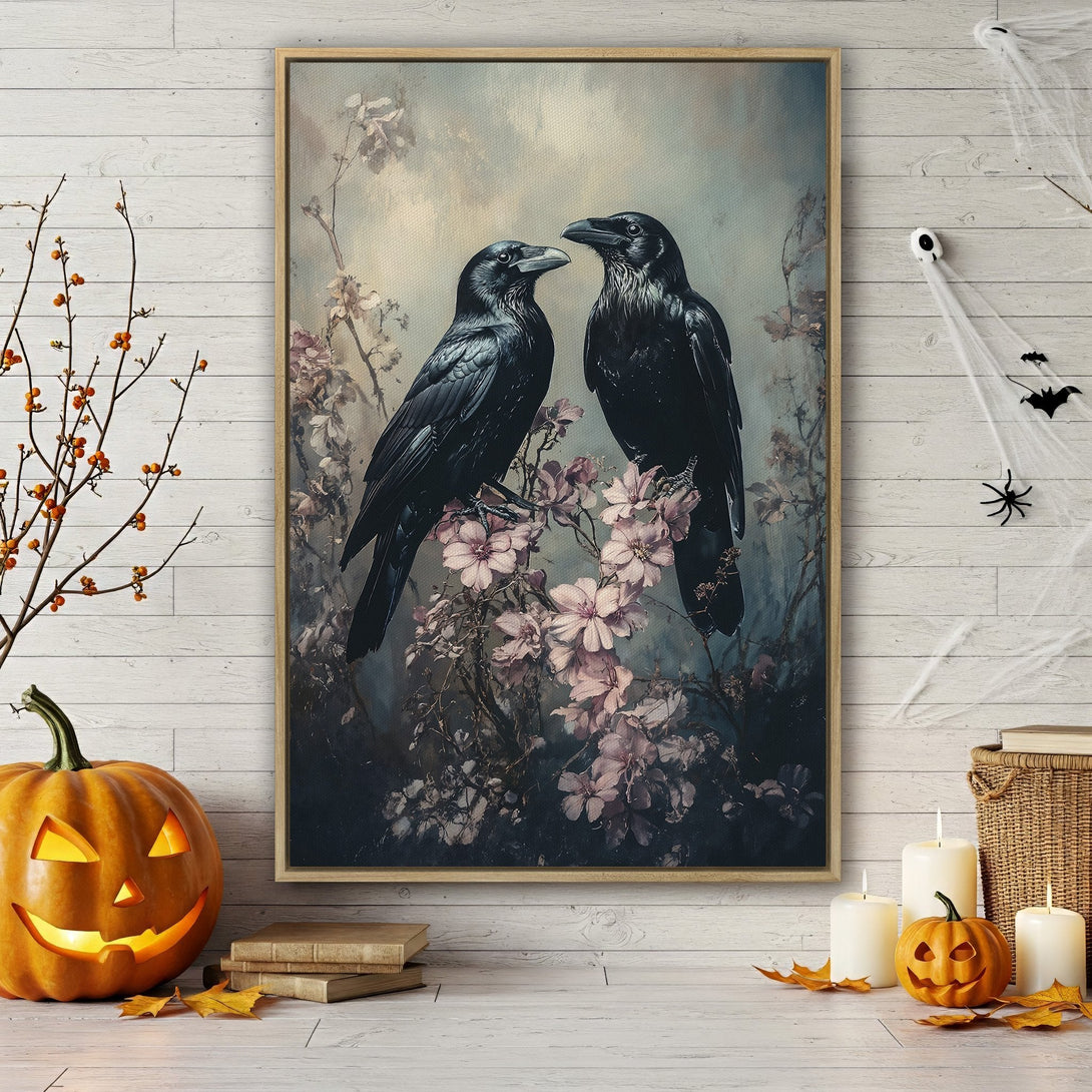 Framed Wall Art featuring two ravens on floral branches. Dark, moody color palette with hints of pink and blue. Perfect Halloween decor!