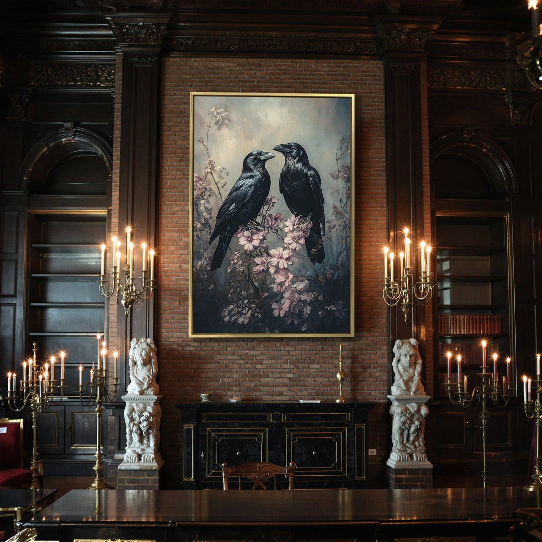Canvas Print: Two ravens perched on flowering branches, gothic art style, moody blue and pink color palette. Perfect for Halloween decor.