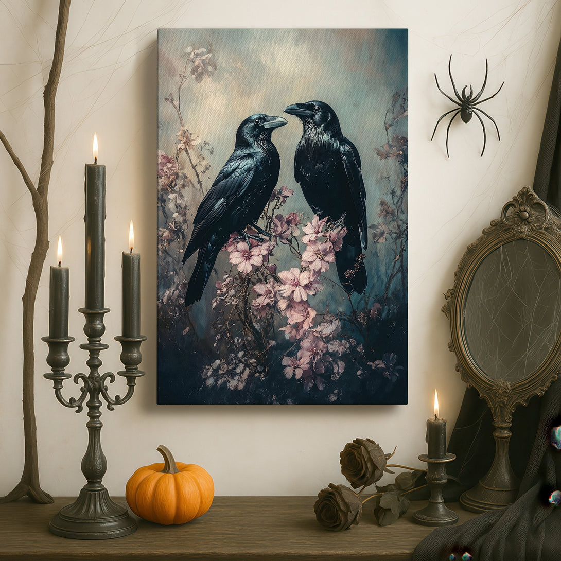 Framed Wall Art featuring two black ravens on a branch, with a muted, romantic color palette. Perfect for adding a touch of gothic elegance to your space.