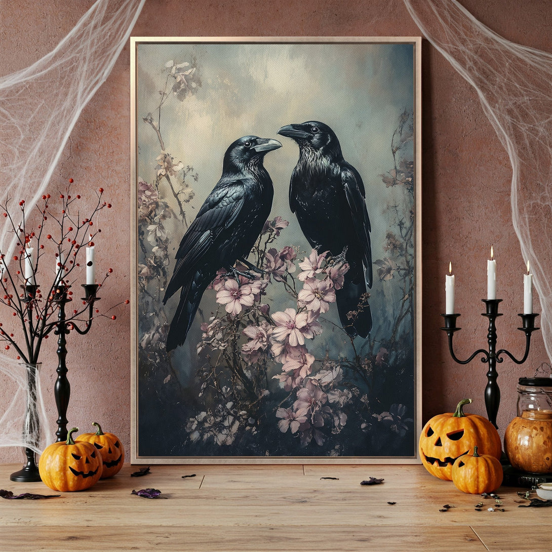 Framed Wall Art featuring two black ravens on a branch with pink flowers, displayed in a moody, vintage style with a dark color palette. Perfect Halloween decor!