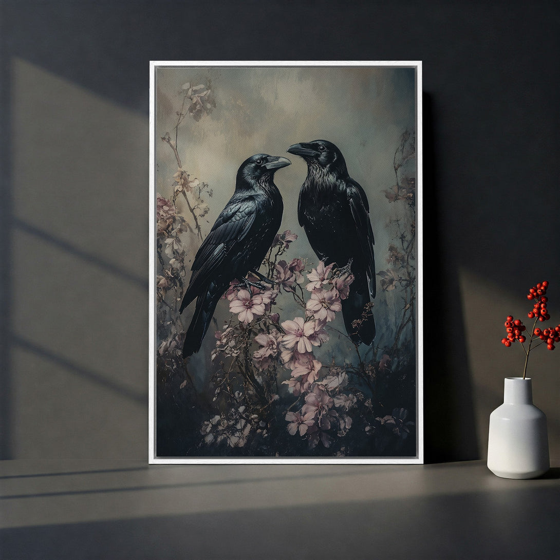 Framed Wall Art featuring two black ravens on a floral branch, vintage style, with a moody, muted color palette. Perfect for adding a touch of elegance.