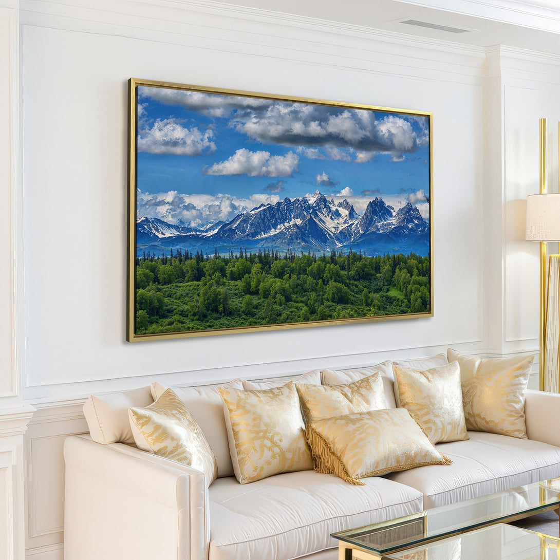 Canvas Print of majestic mountain landscape in a modern living room, featuring a blue, green, and white color palette. Perfect wall decor!