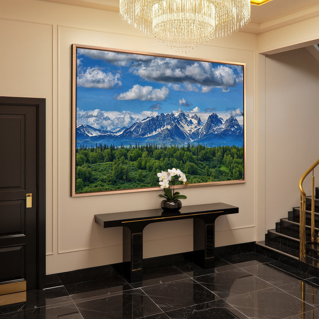 Framed Wall Art: Stunning mountain landscape Canvas Print. Blue, green, and white color palette. Perfect for adding natural beauty to any space.