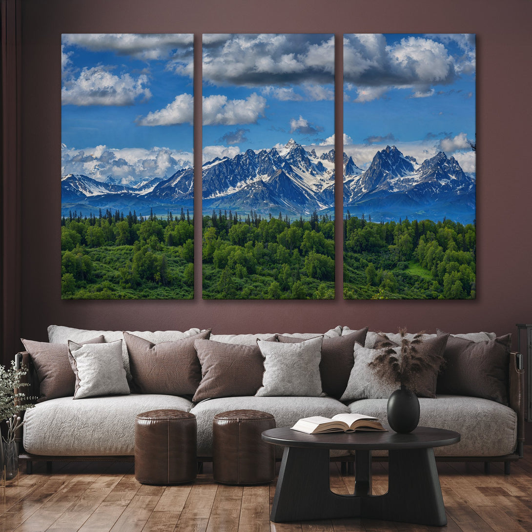 Canvas Print of majestic mountain landscape with blue skies, green trees, and snowy peaks. Earthy tones, perfect for home decor.