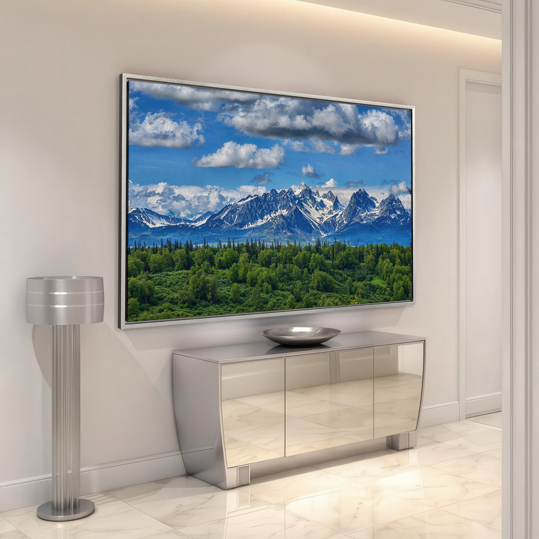 Framed Wall Art of a majestic mountain landscape in blue, green, and white. Elevate your space with this stunning Canvas Print.