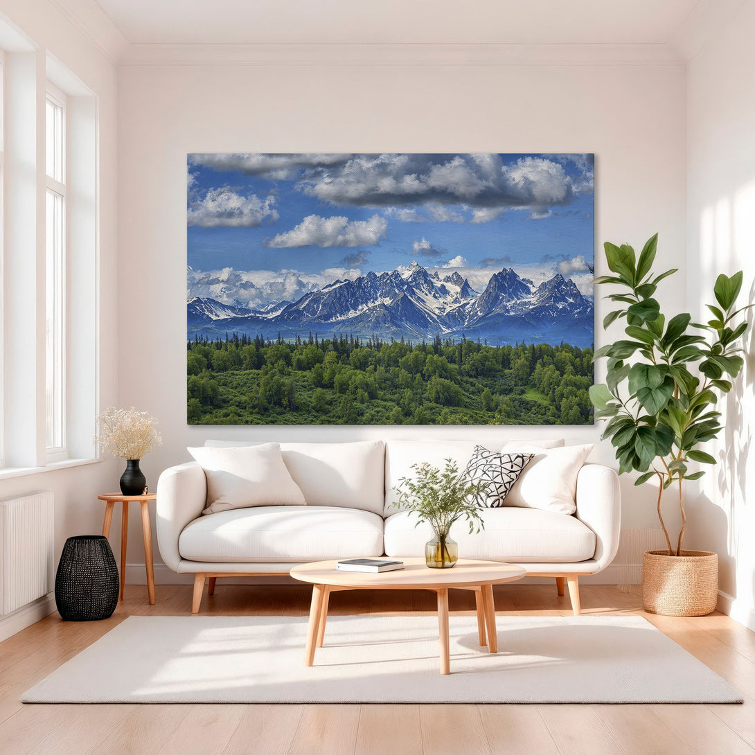 Framed Wall Art: Mountain landscape Canvas Print with blue sky, white clouds, and green forest. Adds a touch of nature to your home decor.