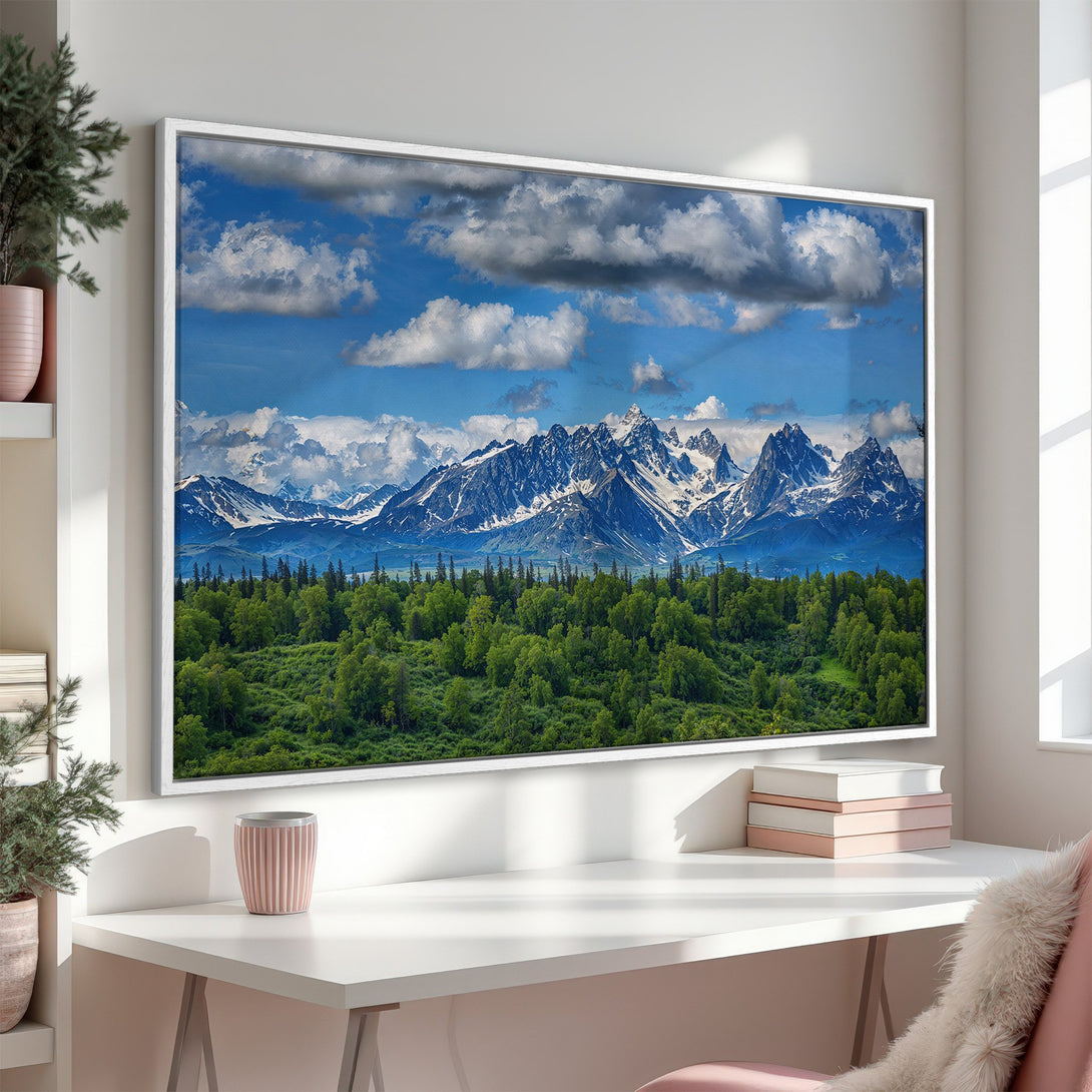 Framed Wall Art: Majestic mountain landscape Canvas Print in blue, green, and white. Bring the beauty of nature into your home!