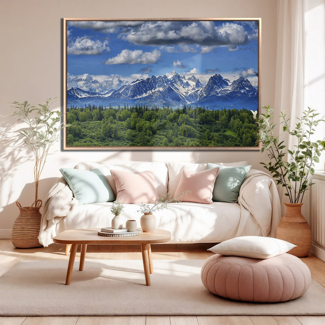 Framed Wall Art of majestic mountain landscape in a living room. Featuring blues, greens, and white, this canvas print adds serene beauty to any space.