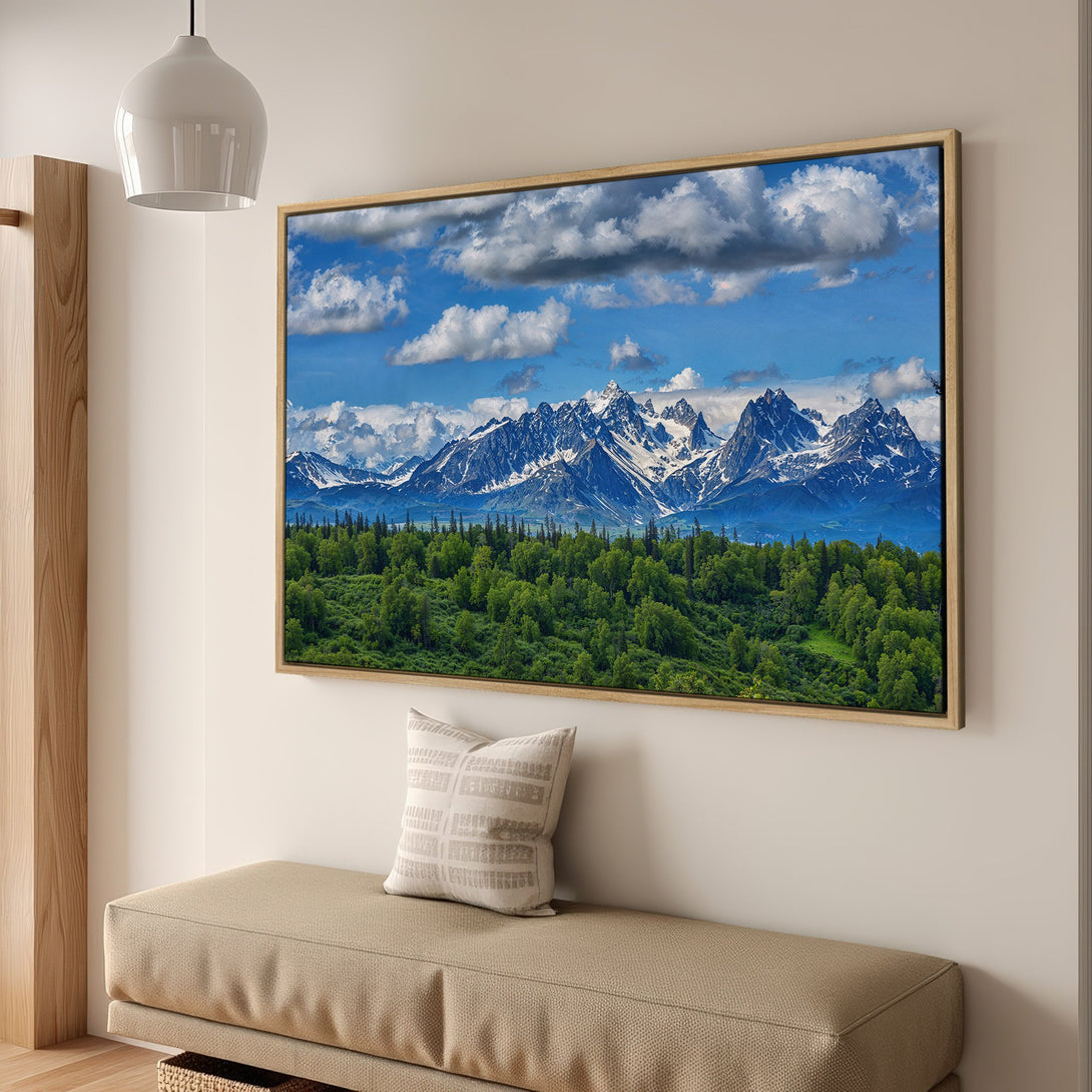 Framed Wall Art: Majestic mountain landscape Canvas Print. Blue, green, and white color palette. Perfect for home decor, adding a touch of nature.