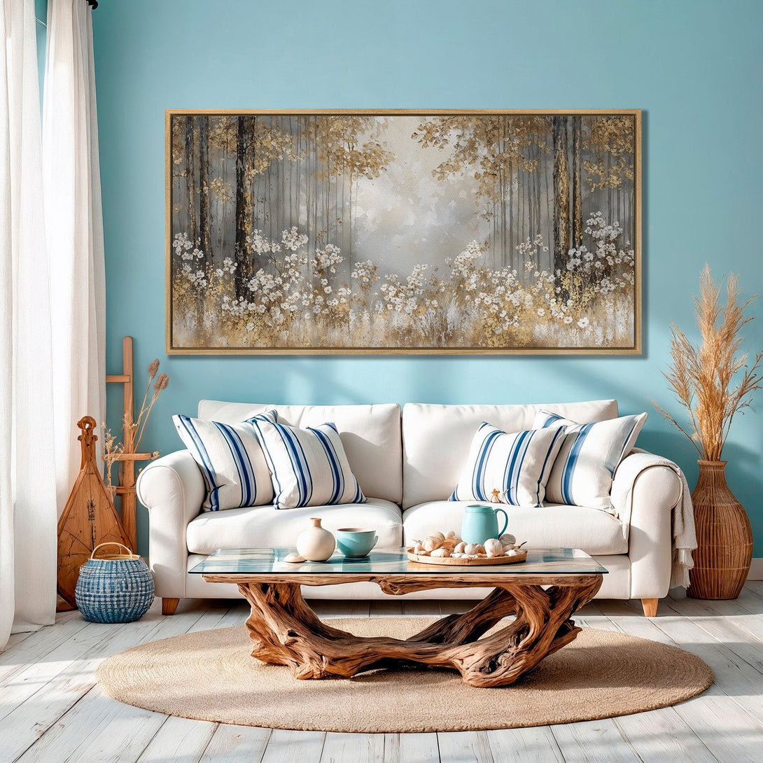 Framed Wall Art: Forest scene canvas print in neutral tones. Adds a touch of nature to your home decor. Perfect for living rooms & bedrooms.