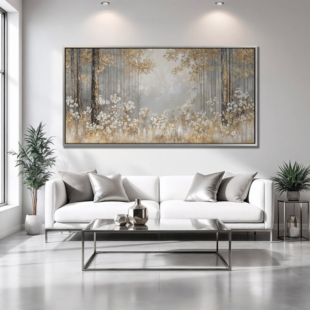 Framed Wall Art featuring a serene forest scene in gold, gray, and white. Perfect for adding a touch of elegance to your living room decor.
