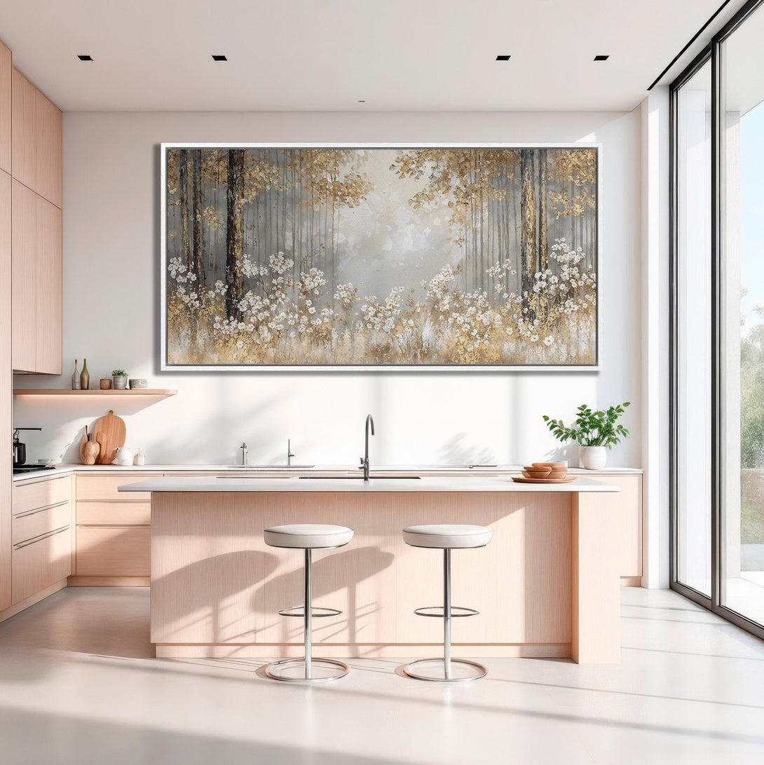 Framed Wall Art: Forest scene in neutral tones with gold accents. Modern canvas print in a kitchen setting. Elevate your home decor with this stunning piece.