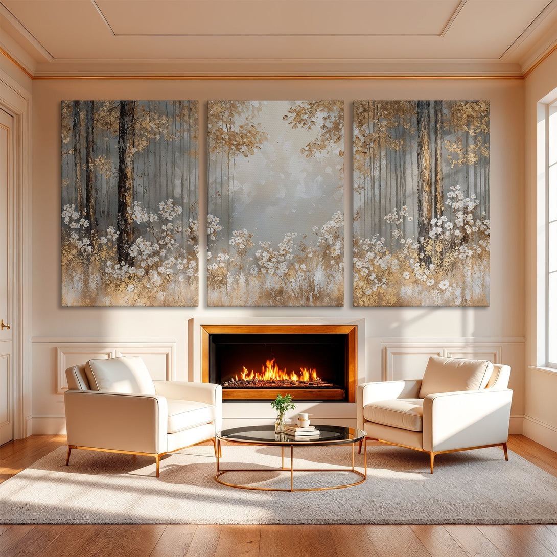 Canvas Print triptych of a forest scene in neutral tones. Modern art with gold and white accents, perfect for living room decor.