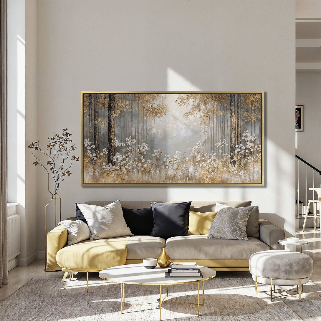 Canvas Print of a serene forest scene with gold and white accents. Elegant wall art with a neutral, warm color palette perfect for any space.