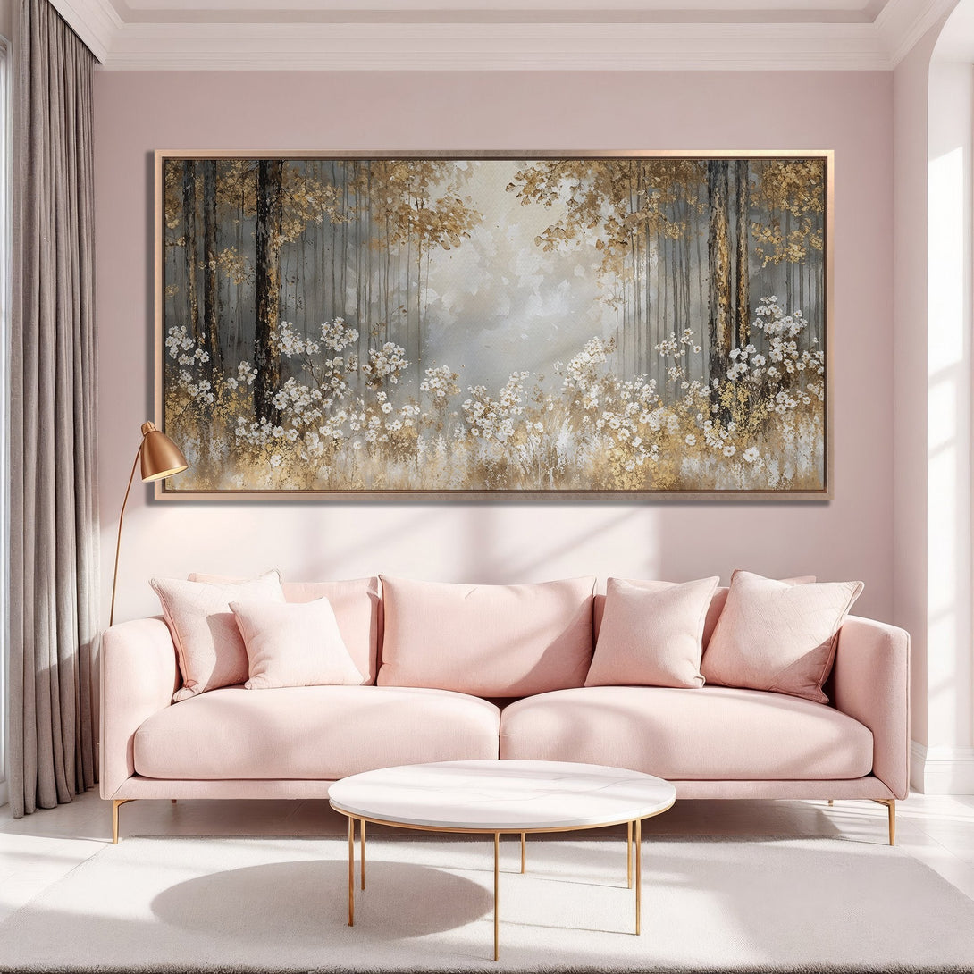 Framed Wall Art: Forest scene in gold, gray, and white. Elegant artwork to elevate your space. Perfect for living rooms. Bring nature indoors!