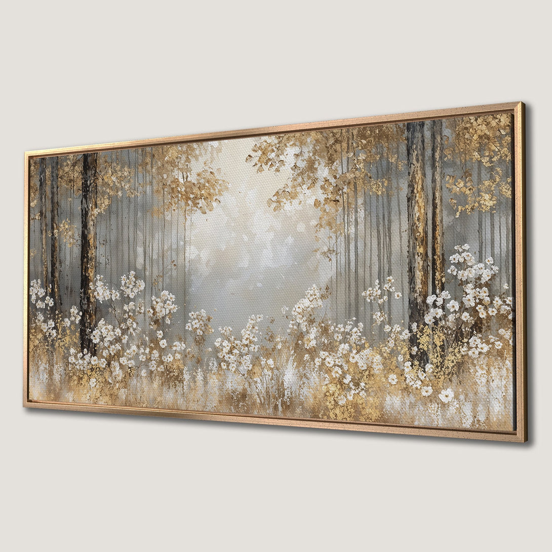 Framed Wall Art: Elegant forest scene canvas print with gold, white, and gray tones. Perfect for adding a touch of nature-inspired art to your home decor.