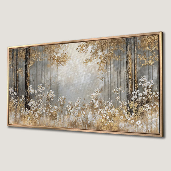 Framed Wall Art: Elegant forest scene canvas print with gold, white, and gray tones. Perfect for adding a touch of nature-inspired art to your home decor.