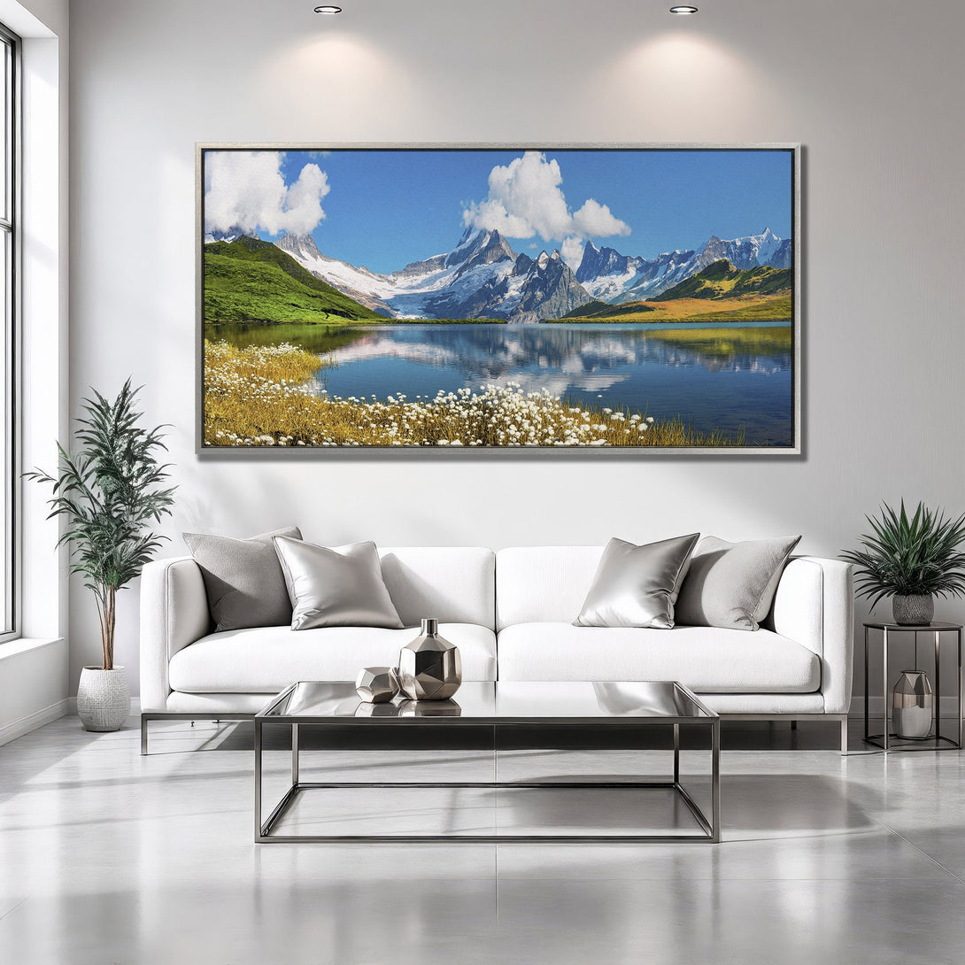 Framed Wall Art featuring a serene mountain lake landscape. Blue, green, and white color palette adds a touch of nature to your home decor.