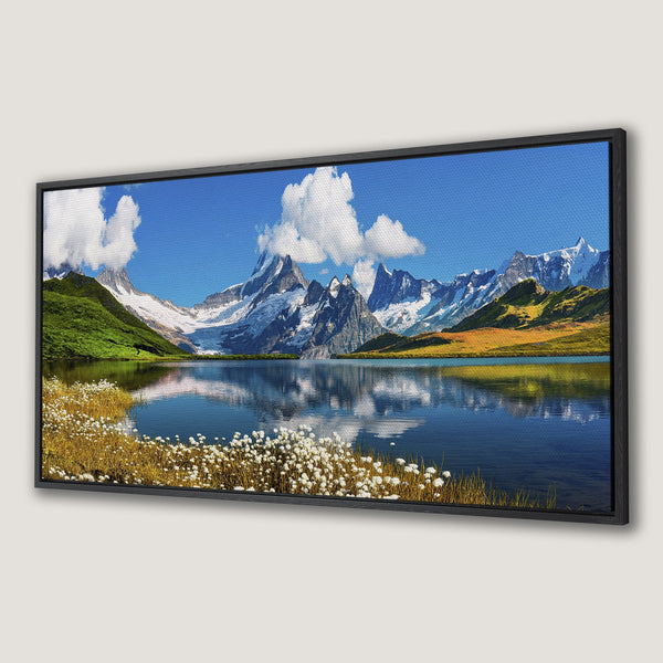 Framed Wall Art: Stunning mountain lake landscape Canvas Print. Blue, green, and white color palette. Perfect for adding a touch of nature to your home decor.