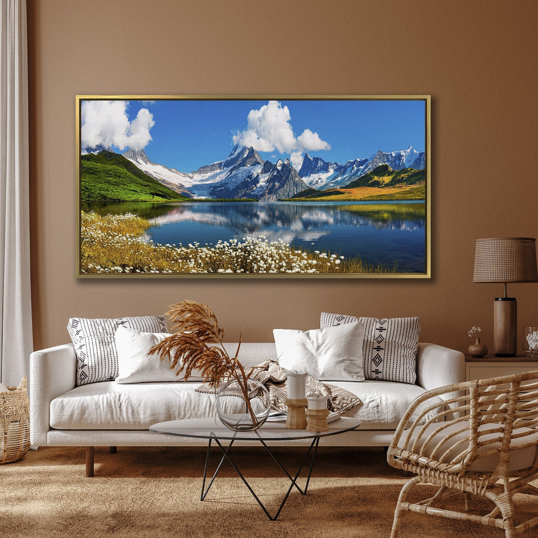 Canvas Print of a stunning mountain landscape with a serene lake, featuring a vibrant blue, green, and white color palette. Perfect wall art for your home!