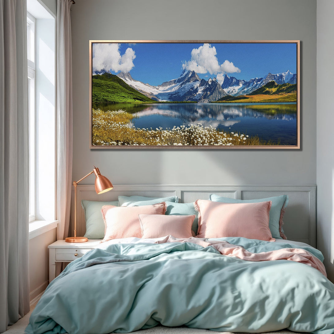Framed Wall Art: Stunning mountain lake landscape canvas print in a bedroom. Serene blue, green, and white color palette. Bring nature's beauty indoors!