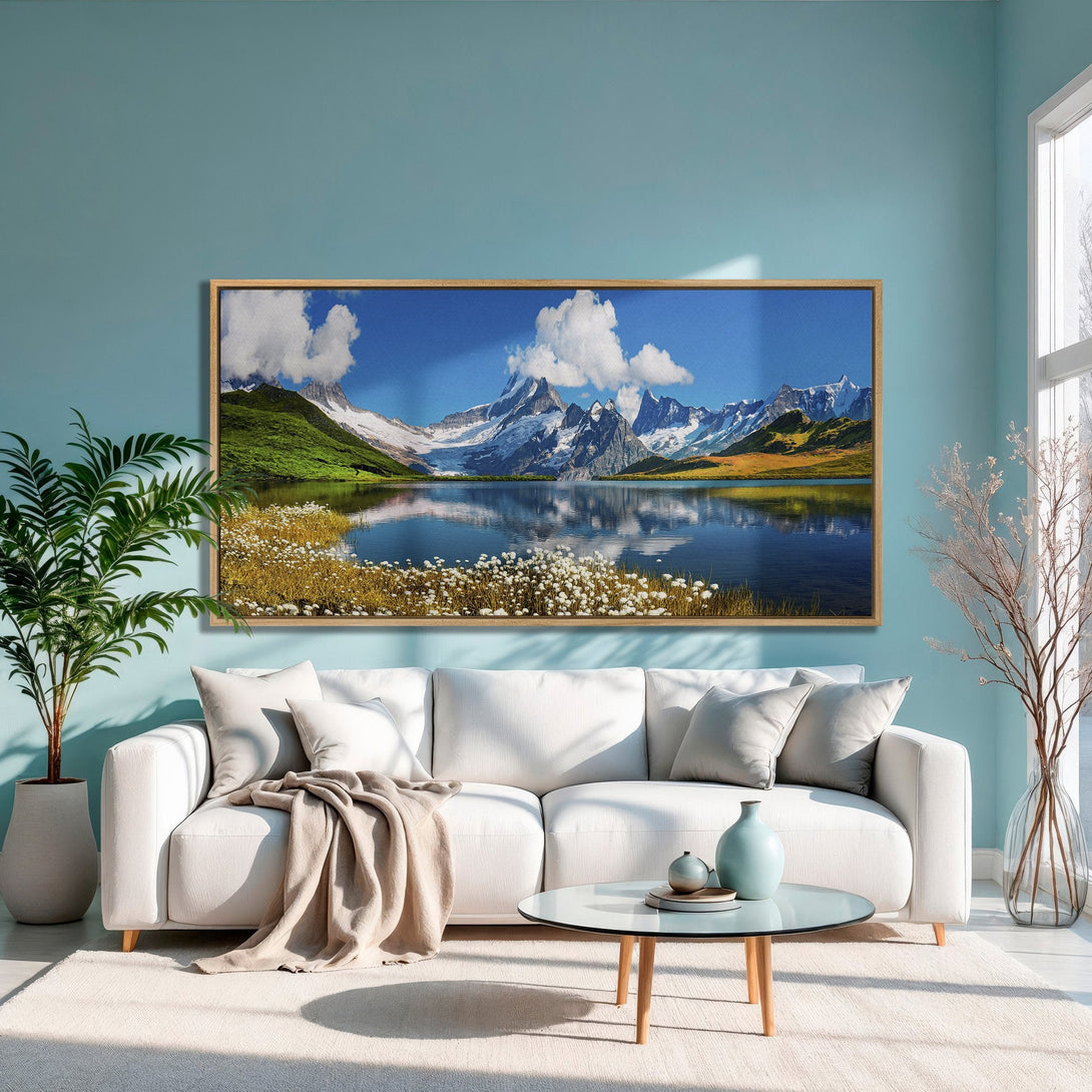 Framed Wall Art: Majestic mountain landscape Canvas Print in a serene interior. Featuring blue, green, and white hues, perfect for adding a touch of nature.