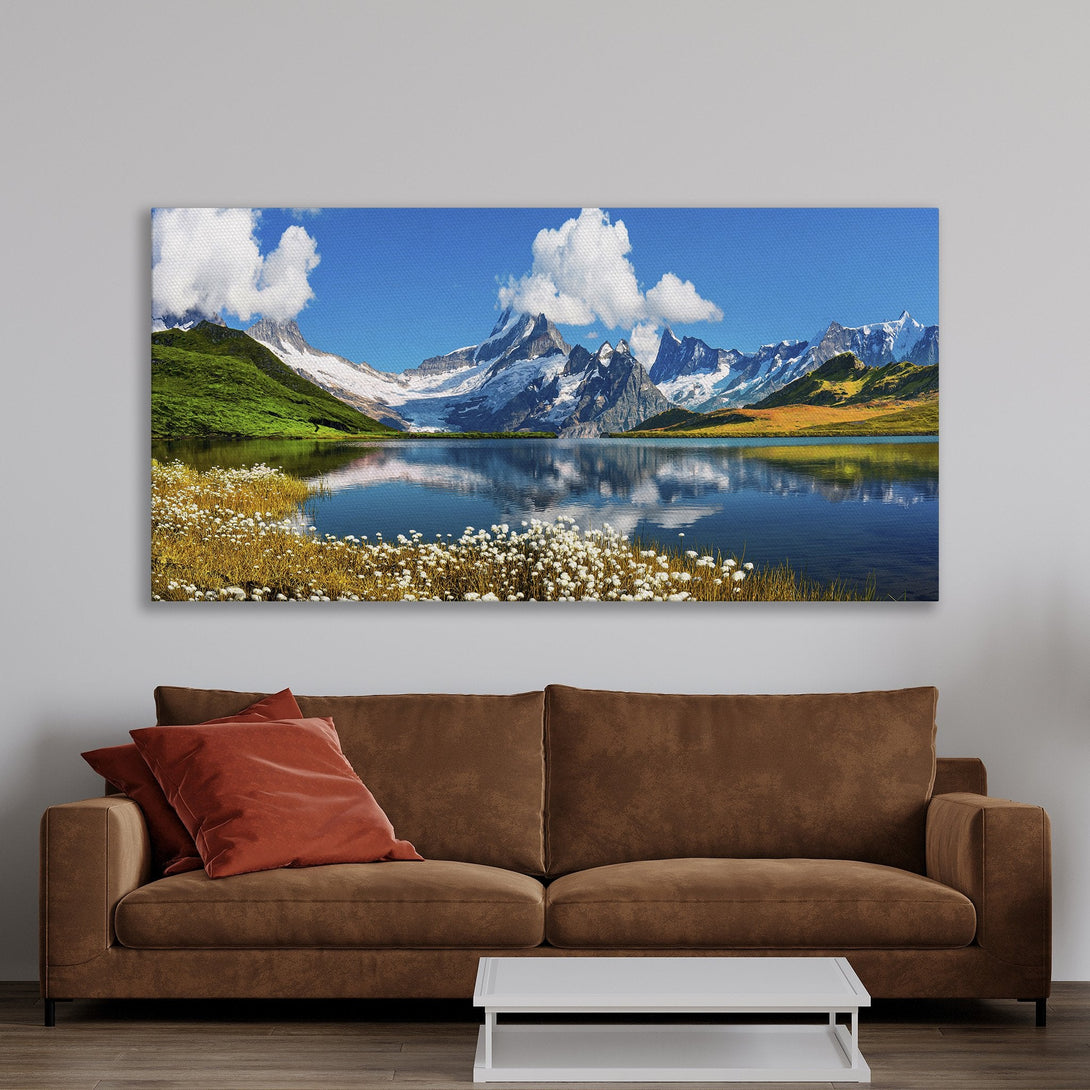 Framed Wall Art: Stunning mountain lake landscape Canvas Print, vibrant blues, greens, and whites. Perfect for adding a touch of nature to your home decor.
