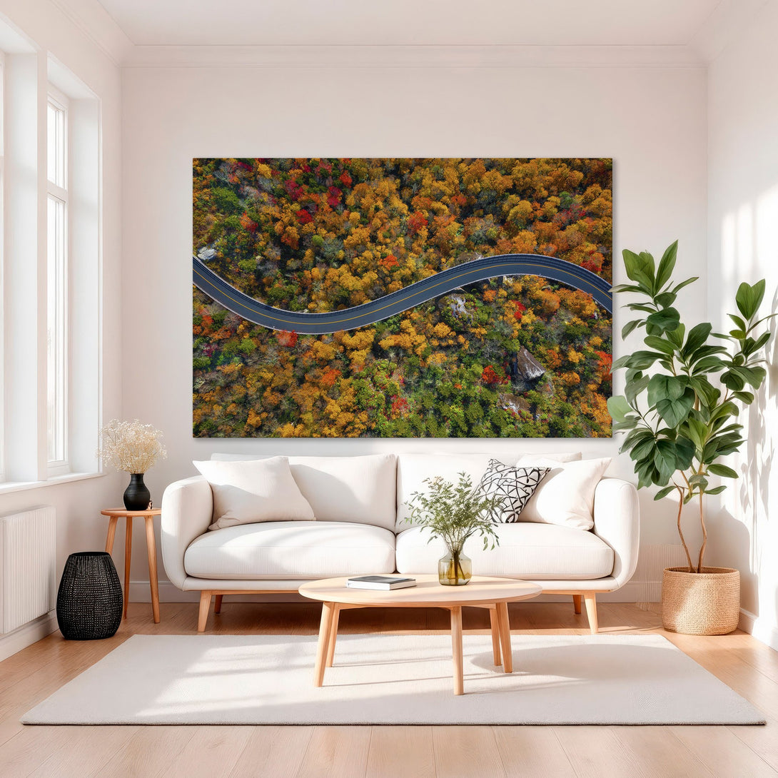Framed Wall Art: Aerial view of winding road through autumn forest. Vibrant fall colors in warm tones. Perfect for modern home decor.